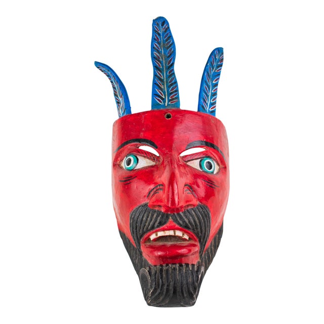 Large Vintage Hand Carved Red Diablo Costume Mask With Beard & Blue Feathers For Sale
