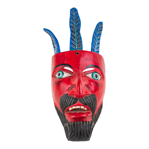 Large Vintage Hand Carved Red Diablo Costume Mask With Beard & Blue Feathers