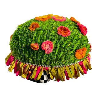 Mackenzie Childs Petite Floral Ottoman With Checkered Feet For Sale