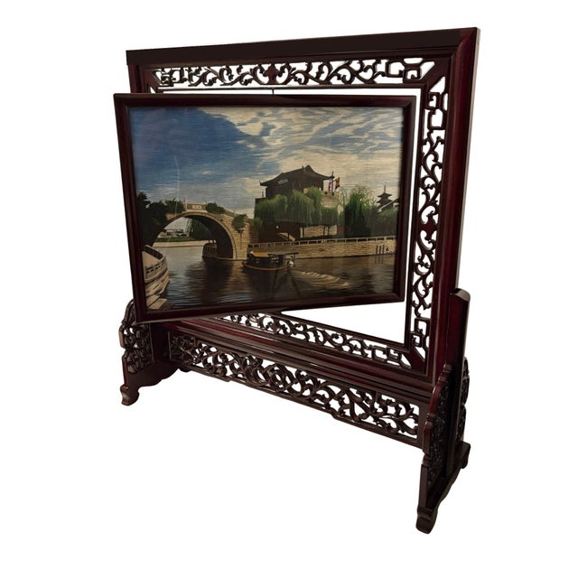 Sky Blue Chinese Double Sided Embroidered Silk Table Screen For Sale - Image 8 of 10