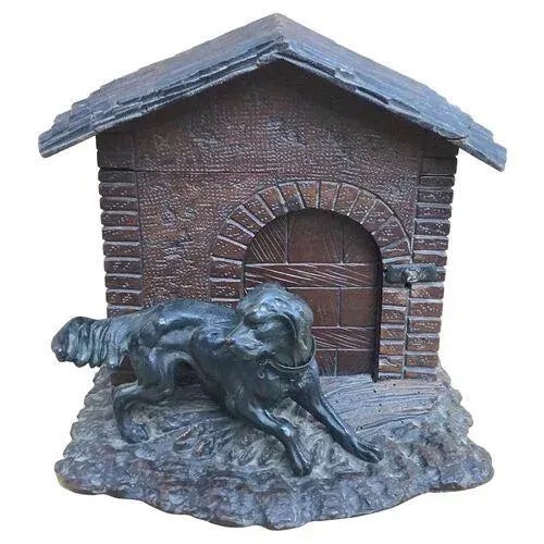 Antique Black Forest cigar box. Hand-carved doghouse with dog recumbent; when the roof is opened, it reveals a removable...