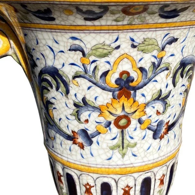 Renaissance Pair of Hand-Painted Italian Faience Urns With Gilt Bronze Bases - Signed For Sale - Image 3 of 7