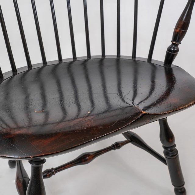 1990s Pair of d.r. Dimes Windsor Bowback Arm Chairs in Black Crackle With Custom Cushions For Sale - Image 10 of 11