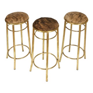 Brass and Hide Round Barstools - Set of 3 For Sale