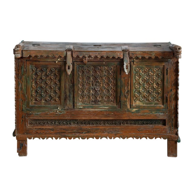 Wood Antique Indian Damchiya Chest – Hand-Carved Bridal Trunk Sideboard Console 52 For Sale - Image 7 of 8