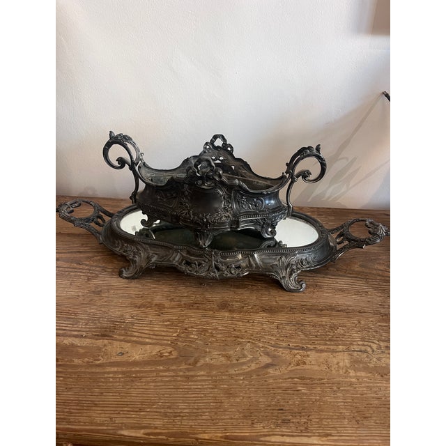 Metal Antique French Rococo Jardinière with Mirrored Tray, 1900s, 1890s For Sale - Image 7 of 9