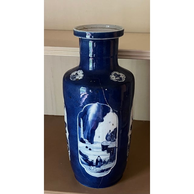 Ceramic Antique Early 18th Century Chinese Powder Blue Kangxi Period Porcelain Rouleau Vase Circa 1700 For Sale - Image 7 of 18