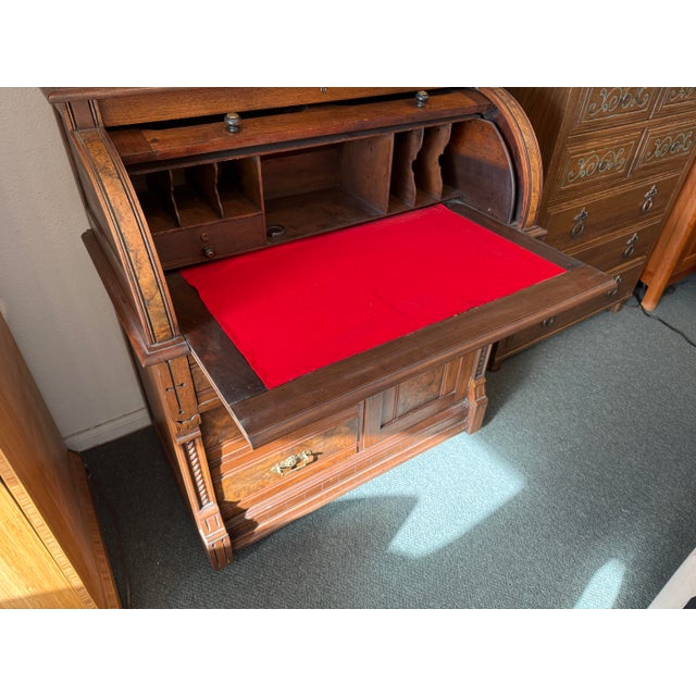 Late 19th Century Antique Eastlake Burl Wood Cylindrical Secretary For Sale - Image 5 of 12