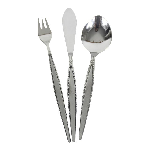 Vintage Mid Century Modern Oneida Venetia Stainless Steel Atomic 3 Piece Serving Spoon Set For Sale