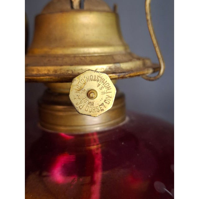 Pair Antique Bohemian Cranberry Cut-to-Clear Kerosene Lamps Marble Base P&a Eagle For Sale - Image 9 of 15