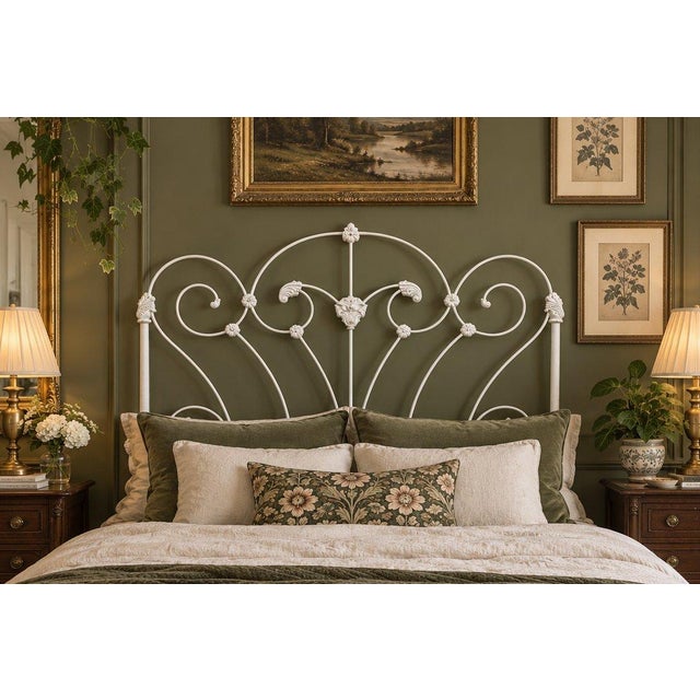 Vintage Elliott's Designs White Cast Iron Double Size Headboard & Footboard For Sale - Image 4 of 4