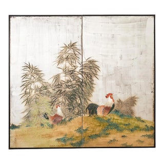 Japanese Taisho Two Panel Screen Rooster and Hen by Kocho