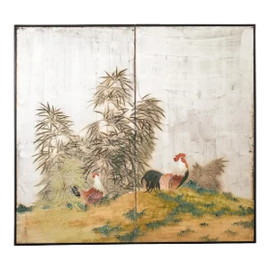 Japanese Taisho Two Panel Screen Rooster and Hen by Kocho