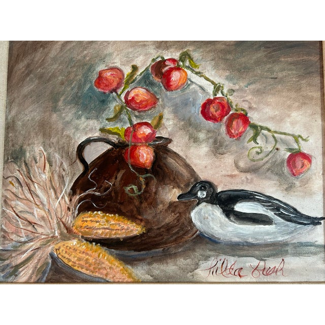 Vintage Still Life Oil Painting With Indian Corn Pitcher & Duck For Sale - Image 4 of 7