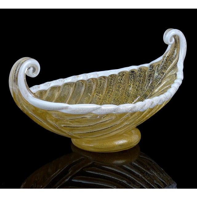 Mid-Century Modern Vintage Barovier Toso Murano Gold Leaf White Trim Italian Art Glass Gondola Shaped Footed Bowl For Sale - Image 3 of 8