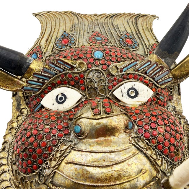 Vintage Tibetan Gilt Copper Jeweled Ritual Mask With Coral and Turquoise Inlay For Sale - Image 10 of 11