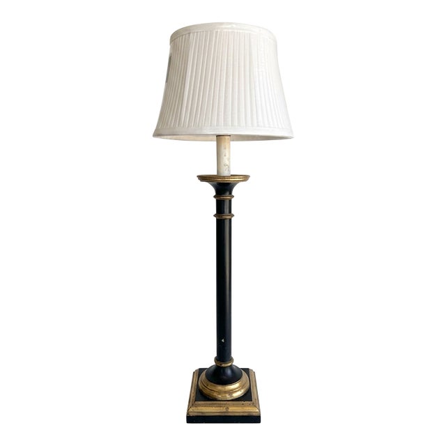 Vintage Italian Wooden Ebonized & Parcel Gilt Tall Table Lamp With New Drum Shade For Sale
