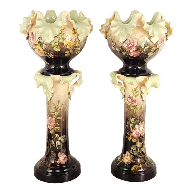 Pair of Jérôme Massier Art Nouveau Majolica Jardinières on Stands. France C. 1900 For Sale