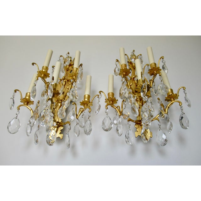 Metal Late 19th Century French Victorian -Style, Gilded Gold & Crystal Drop 5--Candelabra Wall Light Sconces - Pair For Sale - Image 7 of 17
