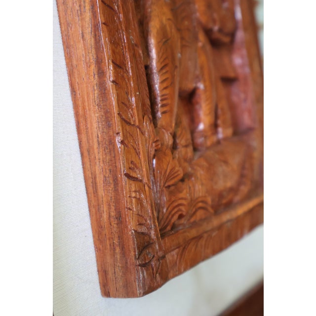 Wood Vintage Southeast Asian Carved Teak Elephant & Temple Relief on Silk For Sale - Image 7 of 16