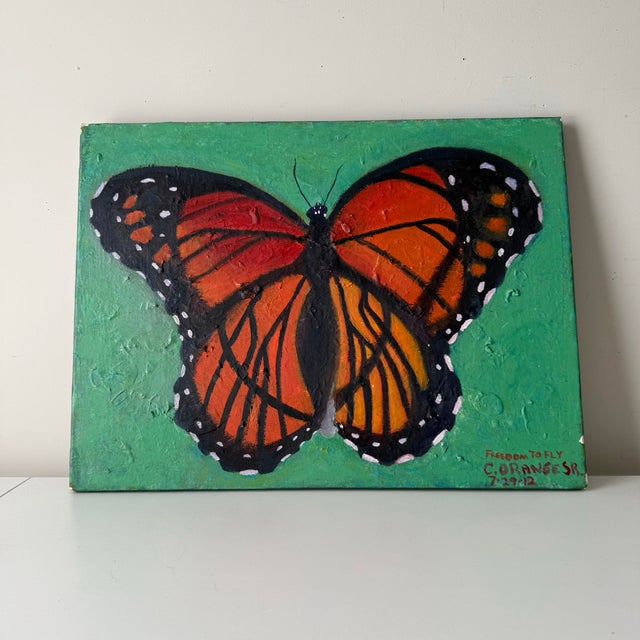 Black American folk artist and war veteran, Cedric Orange Senior original monarch butterfly mixed media painting on canvas...
