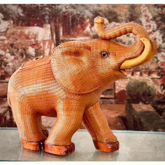 1960s Shanghai Handicrafts Collection Hand Woven Wicker Elephant Box For Sale - Image 10 of 10
