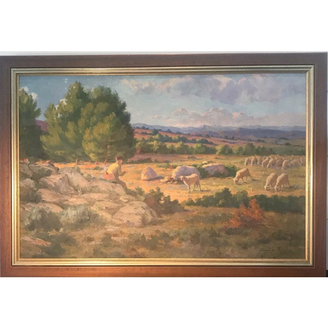 Beautiful French oil painting of a shepherd and his flock in brilliant impressionist colors. Small 1/2" tear (see photos)....