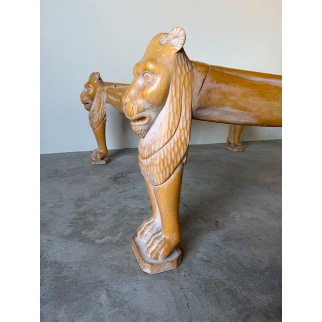 Vintage Egyptian Revival Hand-Carved Wood Lion Coffee Table With Inset Glass Top For Sale - Image 4 of 12