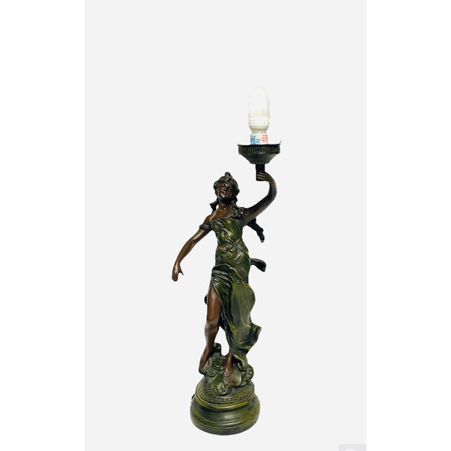 1930s Spelter Bronze Art Nouveau Diana Torche Table Lamp After Auguste Moreau For Sale - Image 6 of 12