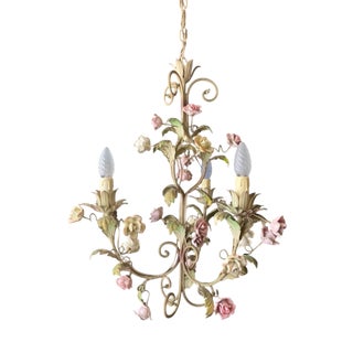 Iron Chandelier with Ceramic Roses, 1950s For Sale