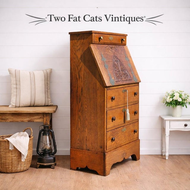 Antique Victorian Oak Slant-Top Secretary Desk | Governor’s Desk | C. 1870s For Sale - Image 4 of 17