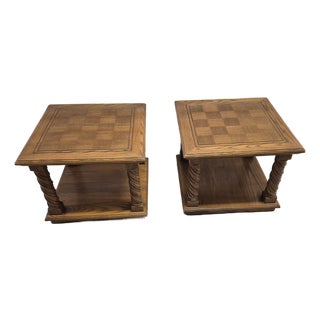 Mid-Century Spanish Revival Oak Parquet Two-Tier End Tables - A Pair For Sale