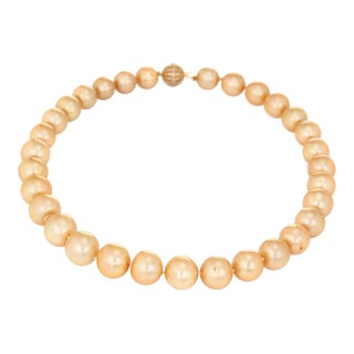 Golden South Sea Pearl Necklace Diamond Clasp 14 Karat Gold Estate For Sale