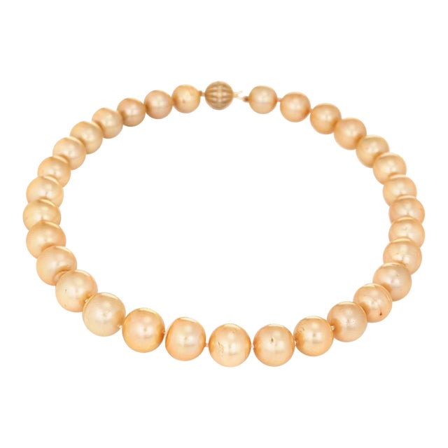Golden South Sea Pearl Necklace Diamond Clasp 14 Karat Gold Estate For Sale