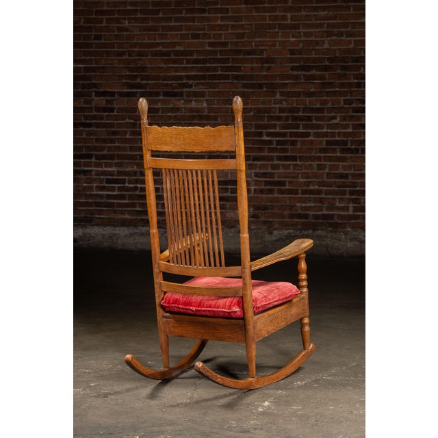 Late 19th Century Antique Wooden Rocking Chair With Red Cushion For Sale - Image 5 of 10