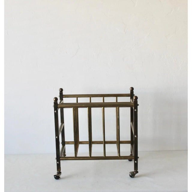 Hollywood Regency Brass Canterbury Book Magazine Rack Crate With Ball Castor Sphere Finials Detail Vintage For Sale - Image 10 of 10