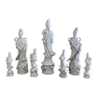 Collection of Seven Blanc De Chine Quan Yin Figures, a Study in Quiet Form For Sale