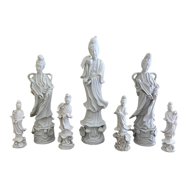 Collection of Seven Blanc De Chine Quan Yin Figures, a Study in Quiet Form For Sale