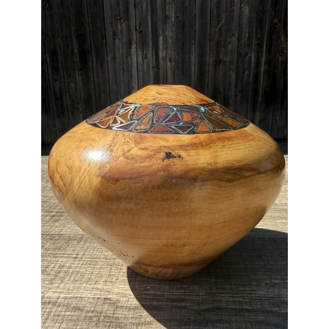 Transitional Late 20th Century Signed Studio Spalted Maple Turned Wood Vessel With Copper, Silver Turquoise Inlay For Sale - Image 3 of 10