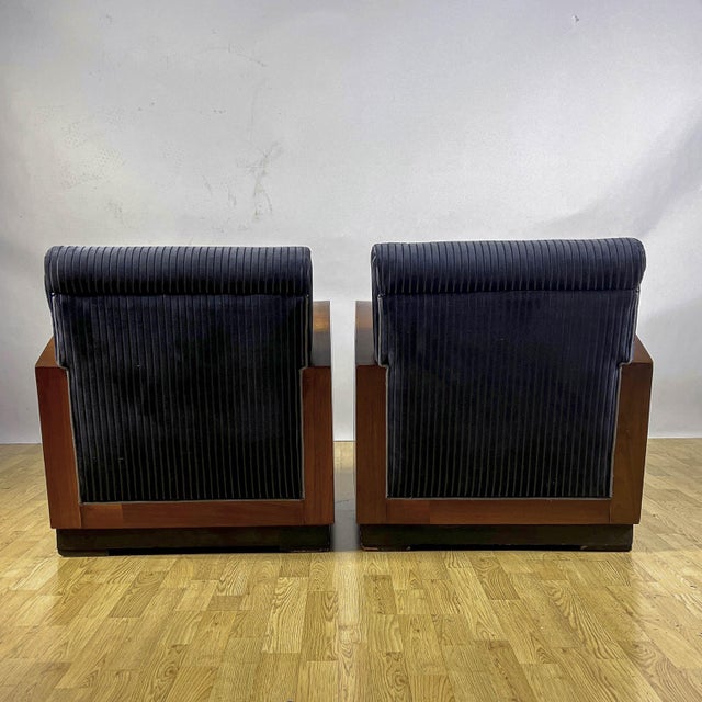 Blue Art Deco Armchairs in Walnut Burl and Navy Blue Striped Velvet, 1930s, Set of 2 For Sale - Image 8 of 9