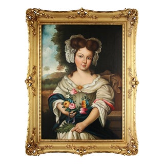 Young Girl with Florals, Early 1800s, Oil on Canvas For Sale
