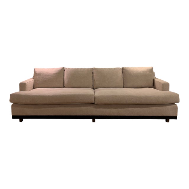 Attributed Baker Greige Sofa With Wood Base For Sale