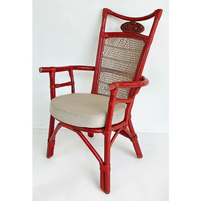 Red Vintage Chinoiserie Style Red Lacquered Rattan Armchair With Upholstered Seat For Sale - Image 8 of 12