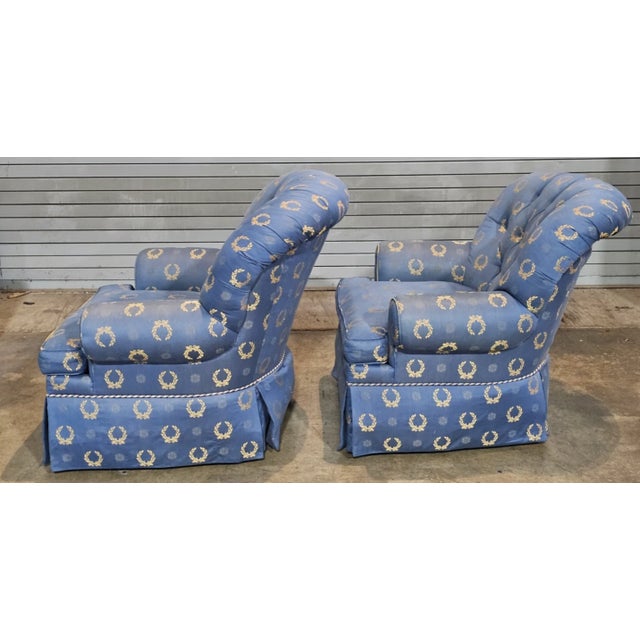 Late 20th Century Pair of Charles Stewart Club Chairs Prussian Blue Napoleonic Tufted Fabric For Sale - Image 10 of 12