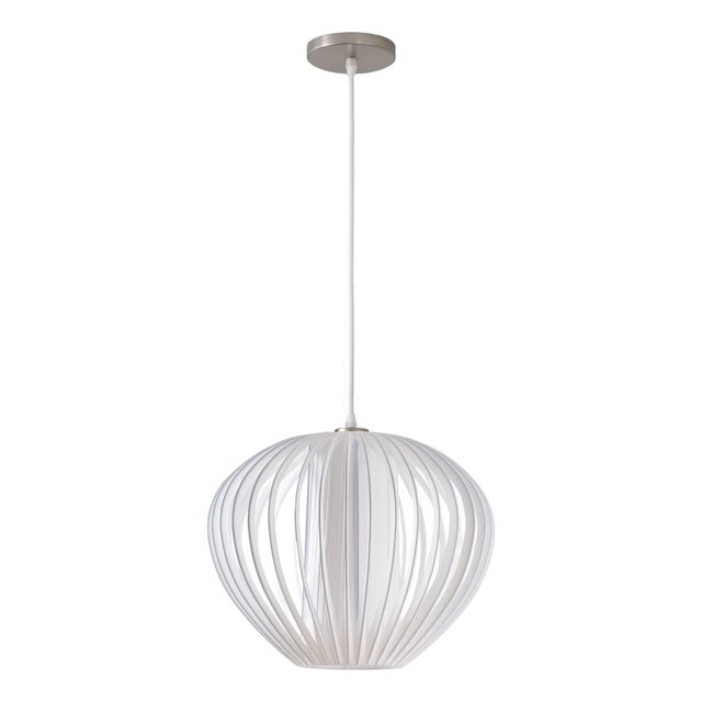 Bloom 14 Inch Pendant Light by Nova of California - White Cage Globe Bubble Orb Light - Satin Steel Canopy - Mid-Century Modern Kitchen Light For Sale