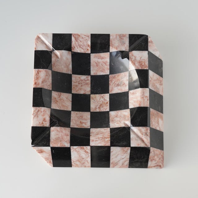 Vintage 20th century checkerboard marble ashtray or catchall. This piece is checkered in pink and black marble and has a...