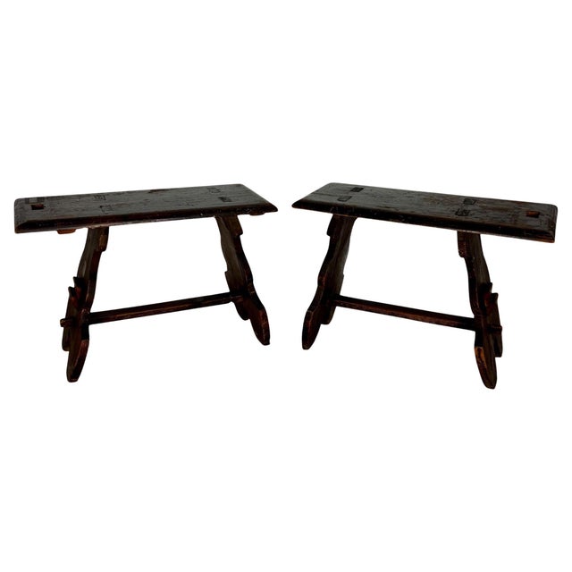 Pair of Rustic Spanish Wooden Stools, 1900s For Sale - Image 6 of 12