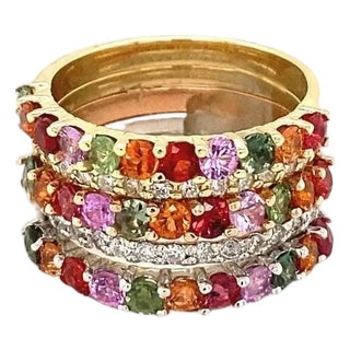 3.42Carat Multi Color Sapphire Diamond Gold Stackable Bands, Size 7 For Sale