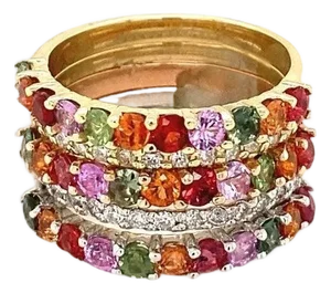 3.42Carat Multi Color Sapphire Diamond Gold Stackable Bands, Size 7