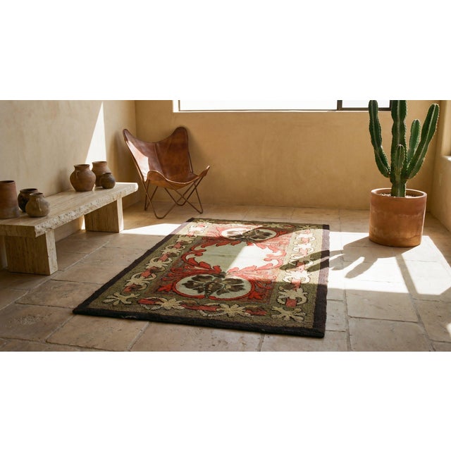 1930s Rare Antique Artistic Art Nouveau Design American Hooked Folk Art Rug For Sale - Image 12 of 13
